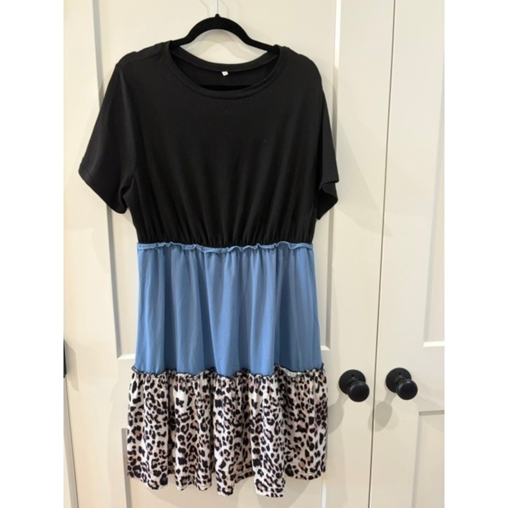 Womens Colorblock Leopard Print Tiered Babydoll Mini Dress Black Blue 1XL